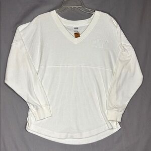 Victoria's Secret PINK White Sweatshirt Varsity Beach Terry V Neck Women’s XS